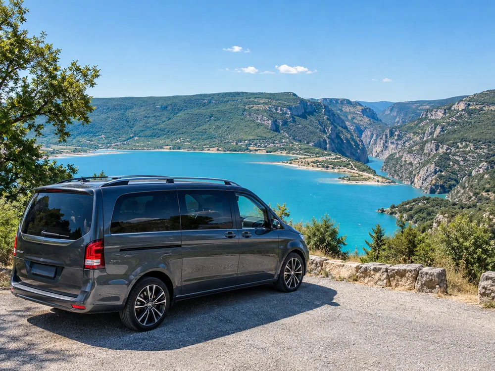 Ein grauer Minivan an einem Aussichtspunkt über dem Lac de Sainte-Croix, in der Ferne der Eingang der Schlucht