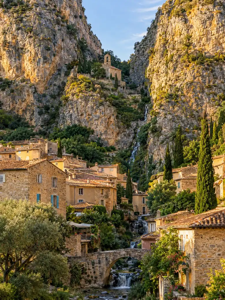 Honigfarbene Steinhäuser von Moustiers-Sainte-Marie, die sich in eine Spalte zwischen zwei Kalksteinfelsen hinaufziehen, darüber eine Kapelle auf einem Felsvorsprung